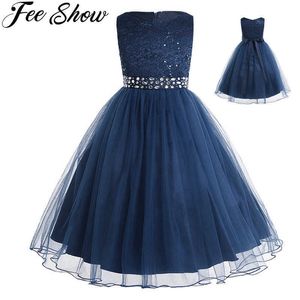 Teen Princess Dress Girls Vestido Wedding Lace Mesh Ball Suknia Dress 2-14 lat Dzieci Dzieci Tutu Urodziny Dresy Q0716