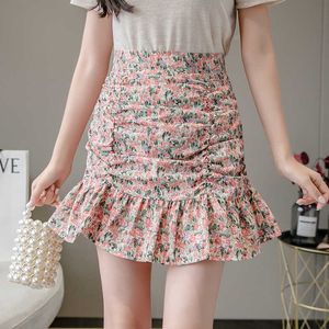 Cintura alta Floral A-Line Saias Mulheres Verão Cores Curtas Kawaii Mini Sereia Dobra Saia Mulher Roupas Faldas Mujer Moda 210604