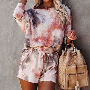 Tie Die Pajamas Set Women Lounge Wear Ladies Long Sleeve Lounge Set Loungewear Sleepwear Home Suit Women 211105