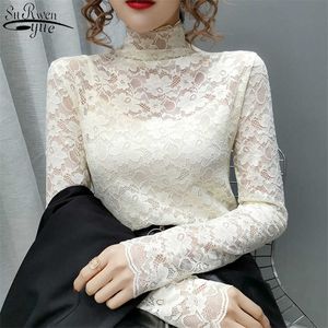 Moda Mulheres Blusas Sexy Lace Tops Outono de Manga Longa Hollow's Camisas Slim Senhora Roupas Estilo Coreano 10812 210527