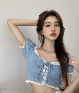 Sexy vintage verão moda colheita tops chique coreano quadrado pescoço de manga curta denim camisas mulheres lace up slim blusa blusas bandagem 210610