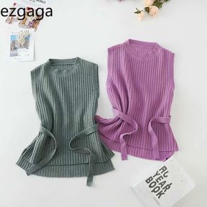 Ezgaga Sweater Vest Women Autumn New O-Neck Sleeveless Sweaters Solid Lace Up Slim Office Purple Knitted Tops Elegant 210430