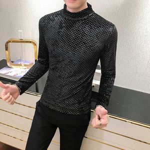 Polka Dot Velvet Men T-shirt Half Turtleneck T-shirt z długim rękawem Slim Fit Streetwear Casual Tees Nightclub Party Odzież 210527