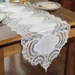 Proud Rose Luxury Lace Table Runner Tablecloth TV Cabinet Cover Cloth Embroidered Coffee Table Flag Wedding Decor White 211117