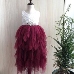 Xmas kids girls tutu long dress children princess burgundy color lace maxi toddler baby First Christmas party 210529