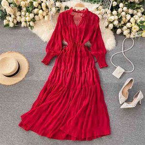 Bohemian Holiday Dress Spring Fashion Women V-neck Drawstring Waist Long Sleeve Solid Color Elegant Vestidos R037 210527
