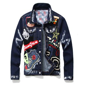 Męska szczupła odznaka farba dżinsowa kurtka streetwear hip hop mężczyzna haftowany motocyklowy jean płaszcz męski moda odzież wierzchnia chaqueta hombre