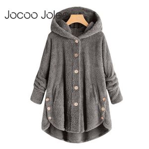 Thin Wool Blend Fashion Women Button Coat Fluffy Turn-down Collar Outwear Jacket Casual Tops Hooded Pullover Loose Sweater 210428