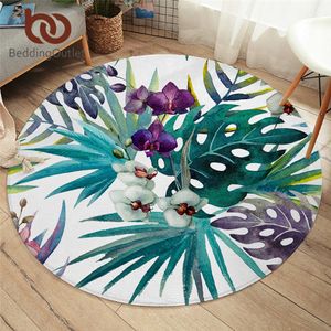 BeddingOutlet Flowers Bedroom Floor Mat Green Leaves Round Carpet Tropical Plants Rug Floral Living Room Alfombra Dropship 1pc 210626