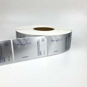 Maßgeschneiderte mattsilberne selbstklebende Aufkleberetiketten für rollende Verpackungen für Getränke, bedruckte Rollenverpackungen, selbstklebende, wasserfeste Vinylaufkleber