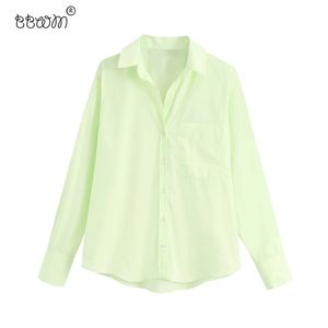 Frauen Elegante Mode Hellgrün Taschen Button-up Blusen Vintage Revers Kragen Langarm Shirts Weibliche Chic Tops 210520