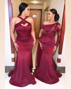 2021 Escuro Vermelho Sereia Dama de Honra Vestidos Dois Diferentes Estilo Sul-Africano Convidado Do Casamento Noite Vestidos de Partido Doméstica de Honra Vestido Plus Size