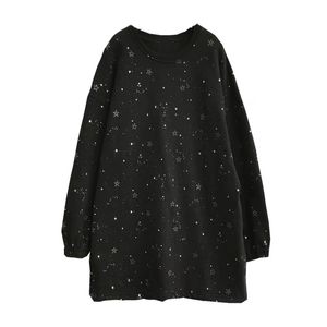 Svart Grå Vit O Neck Star Sweatshirt Fleece Pullover Långärmad Loose Short Mini Dress Winter Höst D0852 210514