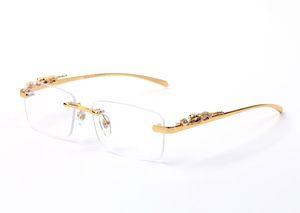 lyxiga designersolglasögon Glasögonbågar skalmar med panterhuvuden Metall Ramlösa Helbåge Halvkantlös rektangulär form för män kvinna glasögontillbehör