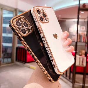 iPhone 15 14 13 11 12 Pro Max XR Shockproof Bumperバックカバー用の柔らかい電気めっきラブハートフォンケース