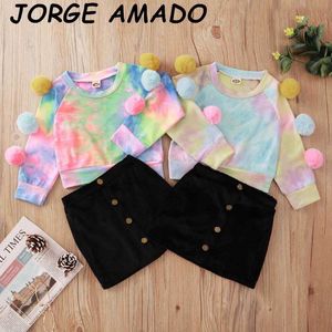 Baby Girl Set Girls Girls Tie-tintura colorido bola de manga comprida T-shirt + preto saia 2 pcs roupas para crianças E22179 210610