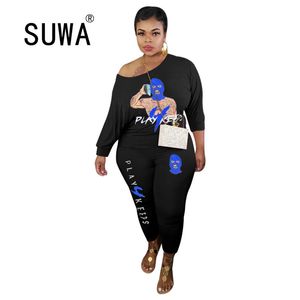 Trendy Chic Imprimir Casual Track Terno 2 Parte Set Mulher Mulher Sueter Moletom Pullover Basculador Calças Sweatpants Plus Size S-5XL Home Wear 210525