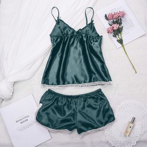 2 pcs Sleep Lounge Pijama Set Sexy Cetim Sleepwear Mulheres Verão Pijama Set Femme Homewear Lace Flor Flor Nightgown Lingerie #W X0526