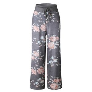 Pantaloni stampati floreali alla moda per donna a vita alta con coulisse e lacci taglie forti pantaloni larghi casuali femminili 210608