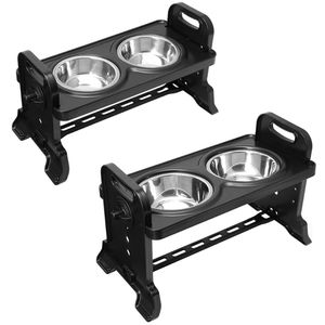 Anti-Slip Elevated Double Dog Bowl Adjustable Height Pet Feeding Dish Stainless Steel Foldable Cat Food Water Feeder 211029