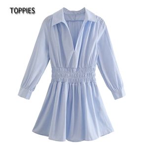 Kvinna långärmad tröja klänning v-neck mini solid färg a-line vestidos mujer 210421