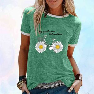 Daisy Flower Bicycle Print Women Summer T shirt Aesthetic Patchwork Tshirts Causal Harajuku Plus Size Kpop Clothes T-shirt 210720
