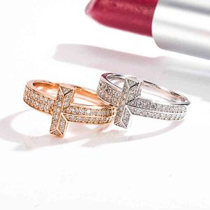 S925 Sterling Silver Letter T1 Ring Classic Two Row Full Diamond Wide Ins Trend Versatile Couple Pair