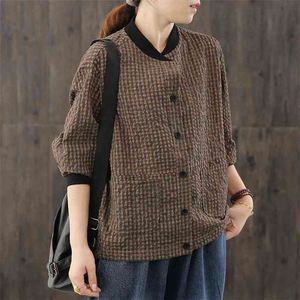 Vårhöst Korea Mode Kvinnor Långärmad Loose Short Coats All-Matched Casual Bomull Linen Plaid Jackor M506 210512