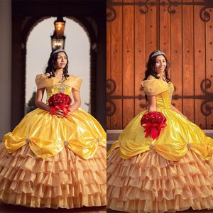 Золотое шариковое платье выпускного платья принцессы банкет от плечевых ящичных юбок Sweet 15 16 Quinceanera вечерние платья на день рождения вечеринка специальные платья