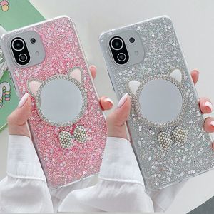 Glitzer Perle süße Katze Spiegel Hüllen für Xiaomi Mi 11 Lite POCO X3 Pro F3 Redmi Note 10Pro 10S 9 9A 9C Soft Clear Cover