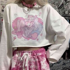 Harajuku kawaii simpatico cartone animato anime girl stampato t-shirt manica lunga magliette bianche donne dolce top allentati pullover vestiti donna 210720