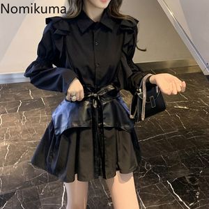 Nomikuma Ruffle Black Mini Dress Women Two Pieces Solid Color Long Sleeve Slim Waist Vintage Dresses Female Vestidos Mujer 3d432 210514