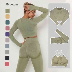 Seamless Yoga Set Women Workout Sportswear Gym Clothing Fitness Long Sleeve Crop Top High Waist Leggings Sport Bra Sports Suits 210813