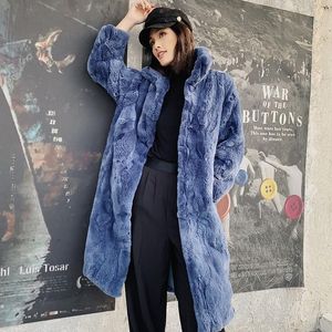 Kvinnors päls faux vinter kvinnor äkta rex kappa kvinnlig lång skjuvjacka färger varm lös passform hårig mjuk överrock