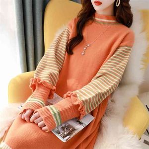 Jesienna i zimowa Sweter Spódnica Kobieta Długa Sekcja Luźna wersja koreańska Wild Half-High Collar Downing Knit 210427