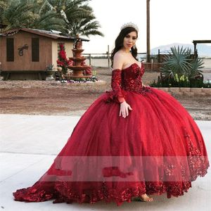 Bourgogne Organza Sweet 16 Quinceanera Klänningar Sequined Applique Beaded Lace-up Sweetheart Prom Dress Mexikansk tjej Födelsedagklänning