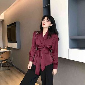 Camisa Primavera Tops Retro Lace-Up Poplin V-Decote Longa Manga Longa Coreano Vestuário Feminino ML745 210506