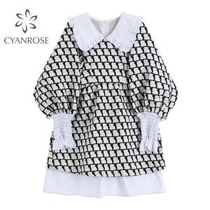 Spring Cat Print Dresses Sweet Lantern Långärmad Mini Klänning Preppy Style Cute Ruffle Spliced ​​Vestidos Fashion Vintage 210515