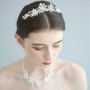 Delicate Silver Color Bridal Jewelry Sets with Tiara Crystal Pearls Women Necklace Earrings Set Wedding Party Accessories H1022