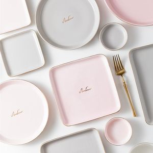 Gerechten Platen Luxe Servies Set met Glod Rim Ceramic Diner Plaat Soep Bowl Platter Square Sieraden Opbergvak Trinket Dish