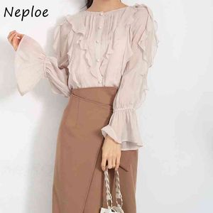 NAPOE Bahar Yaz Zarif Tatlı Gömlek Japonya Tarzı Flare Kol Bluz Kadın Chic Ruffles Patchwork Şifon Blusas 210423