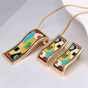 Pendant Necklaces Zlxgirl High Quality Geometry Enamel Stainless Steel Pendant Earring Jewelry Sets Europe Brand Gold Chain Necklace Ear fashion jewelry