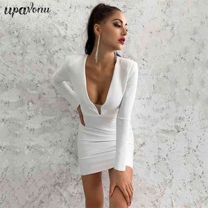 Бесплатная осень белый с длинным рукавом Bodycon Celebrity Club Party платье женщин сексуальный V-образным вырезом назад Zip Mini Vestido 210524
