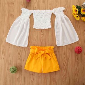 Girl Set Fashion Children's Clothing White Trumpet Sleeve One-shoulder Chiffon Shirt Yellow Shorts Clothes 2Pcs Suit 210515