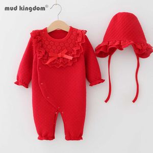 Mudkingm baby flicka dop rompers höst född ruffle spets långärmad jumpsuit tjejer outfits kläder 210615