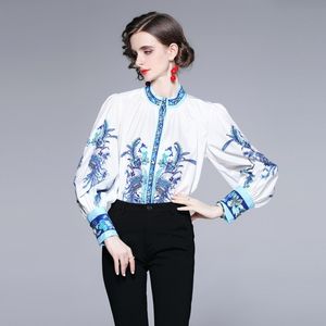 spring Elegant temperament Women Shirts Vintage Flower Print stand collar Lantern Sleeve Tops 210531
