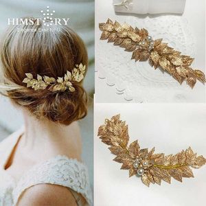 Halstory El Yapımı Altın Inci Yaprak Tiara Düğün Saç Aksesuarları Takı Gelin Başlığı Vintage Saç Aksesuarları X0625