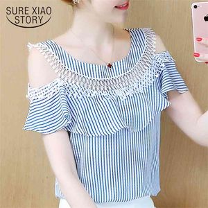 blouses woman summer short sleeve striped women Shirt hollow lace chiffon ruffles off shoulder tops 4871 50 210506