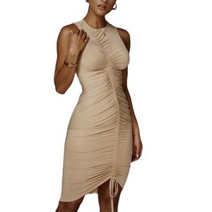 女性のドレス夏のノールレスホルターソリッドカラーハイウエスト巾着スキニーエレガントなファッションシーススタイリッシュな膝丈210522