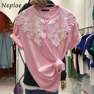 O Neck Pullover Kortärmad T-shirt Kvinnor Elegant Lace Hook Blomma Solid Tees Summer Causal Loose Ladies Top 210422